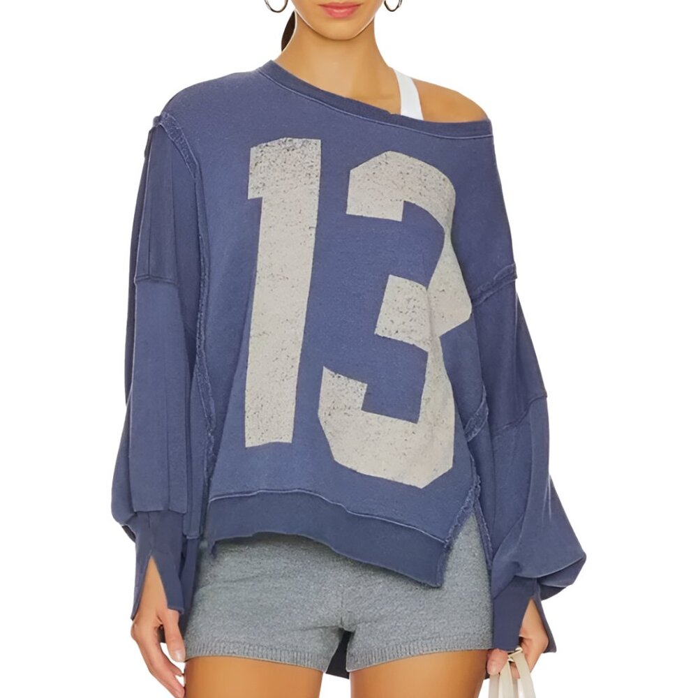 Free People Graphic 13 Camden Sweatshirt Size Small Blue NWT